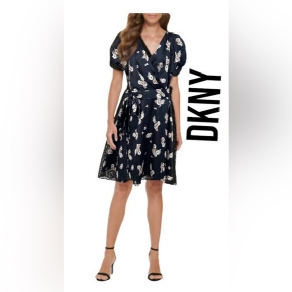 Dkny Dresses & Skirts - DKNY Blue and White Pleated Wrap Midi Dress